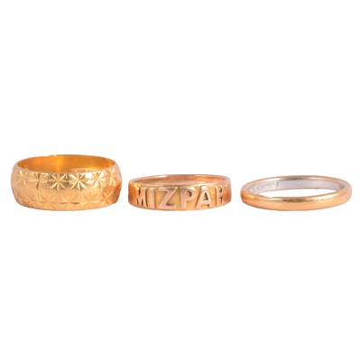 Lot 171 - Two wedding bands, and a gold Mizpah ring.