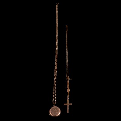 Lot 423 - A gold back and front locket and chain. cross and chain.
