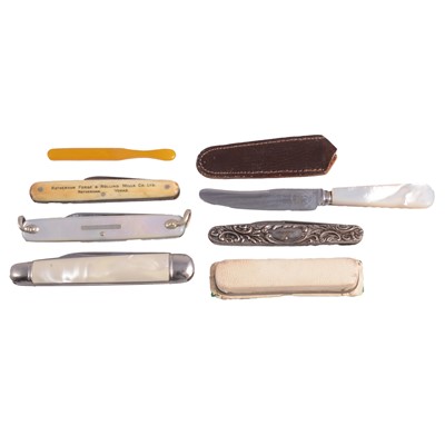 Lot 171 - Silver and mother-of-pearl penknives, fruit knife, small purse, and other collectables.