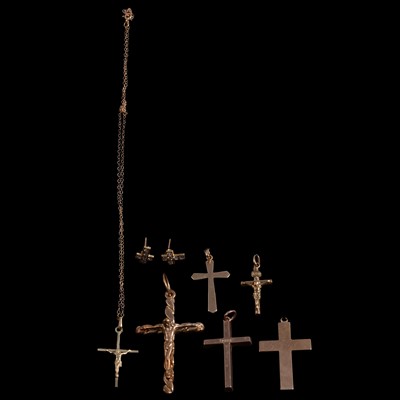Lot 417 - Six gold / yellow metal cross and crucifix pendants, chain, and a pair of earstuds.