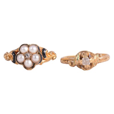 Lot 140 - A pearl and diamond In Memoriam ring, and a diamond ring.