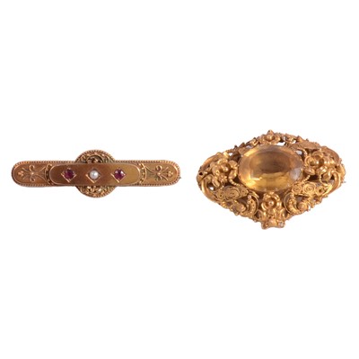 Lot 243 - A citrine brooch, and a ruby and cultured pearl brooch.