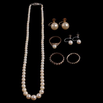 Lot 1151 - A cultured pearl necklace, two pairs of cultured pearl earscrews, and three cultured pearl rings.