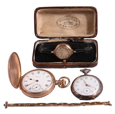 Lot 1109 - Watches Ltd - a lady's 9 carat yellow gold manual wind wristwatch, and two pocket watches.