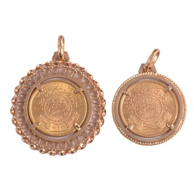 Lot 208 - Two Saudi Arabian One Guinea Gold coin pendants.