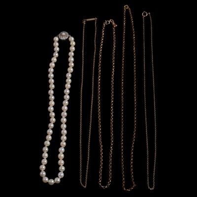 Lot 346 - A cultured pearl necklace, and yellow metal and white metal chain necklaces.