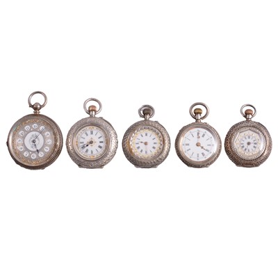 Lot 1035 - Five silver and white metal fob watches.