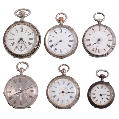 Lot 1036 - Six silver, white metal, and metal fob watches and small pocket watches.
