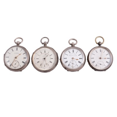 Lot 1034 - Four silver and white metal open face pocket watches.