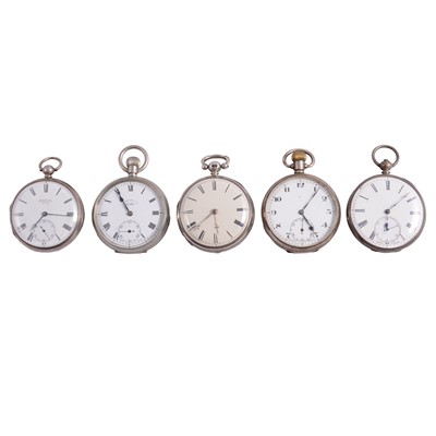 Lot 1037 - Five silver, white metal, and metal open face pocket watches.