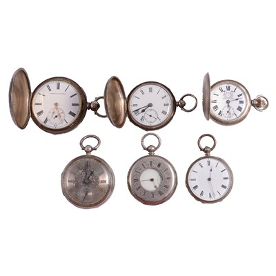Lot 1038 - Six silver and white metal full hunter, demi-hunter, and open face pocket watches.