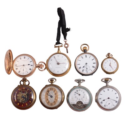 Lot 1042 - Eight gold-plated, gilt metal, and metal pocket watches.