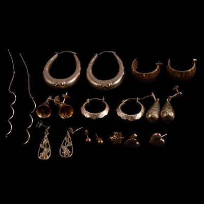Lot 455 - A collection of 9 carat yellow gold earrings for pierced ears.