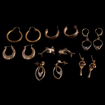Lot 458 - A collection of gemset gold and unmarked yellow metal earrings for pierced ears.