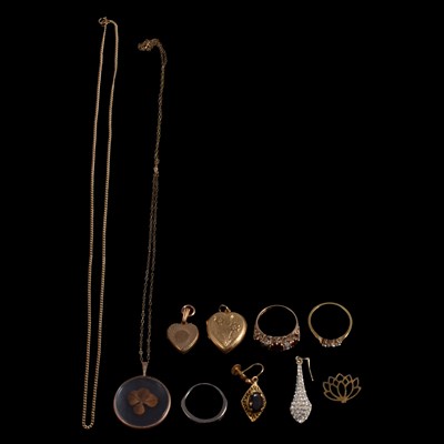 Lot 1139 - Three gemset rings, two yellow metal chains, pendant, earrings, and lockets.