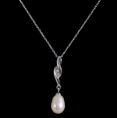 Lot 354 - A cultured pearl and diamond pendant on a chain.