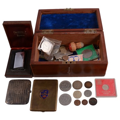 Lot 290 - Collection of coins, medals, cigarette cases, and Ronson lighter.