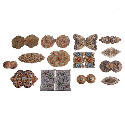 Lot 1169 - Fourteen vintage gilt metal buckles with enamel decoration.