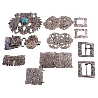 Lot 1165 - Eight vintage metal buckles, and a pair of Victorian silver shoe buckles.