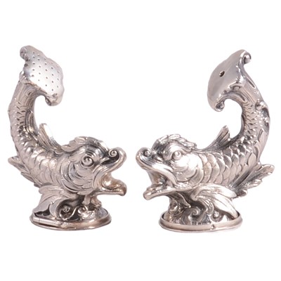 Lot 192 - Pair of novelty silver cruets in the form of dolphins, import marks J R & Co Ltd, London 1966