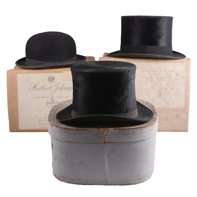 Lot 96 - Two silk top hats and a bowler hat