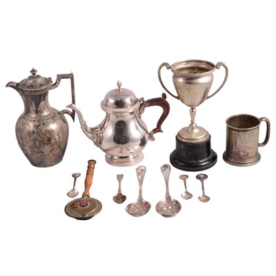 Lot 54 - Two boxes of silverplated wares, flatware, trays, trophies, etc