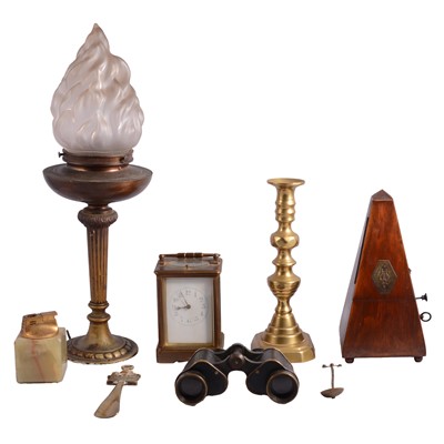Lot 61 - Brass carriage clock, binoculars, table lamp, and other miscellany.