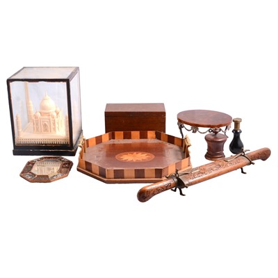 Lot 103 - Mahogany inlaid octagonal tray, mahogany box, seal, etc