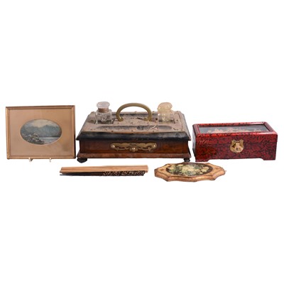 Lot 102 - Victorian figured walnut and brass deskstand, Oriental jewelley case, etc