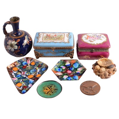 Lot 65 - Two French porcelain jewellery caskets, modern enamelled dishes, costume jewellery, etc