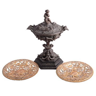 Lot 78 - Continental cast metal urn and cover, and a pair of gilt Coalbrookdale plates