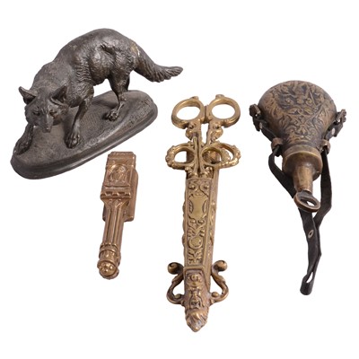Lot 64 - Set of three cast brass scissors, a brass nutcracker, powder flask, and spelter Fox