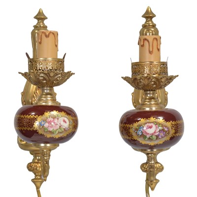 Lot 75 - Set of four Ogetti d'Arte style porcelain and brass wall lights