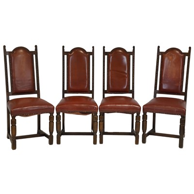 Lot 376 - Set of six oak and leather dining chairs