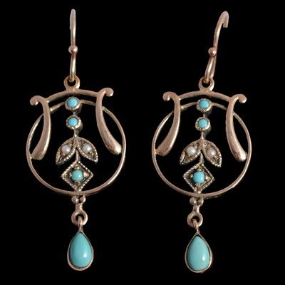 Lot 179 - A pair of turquoise and seed pearl earrings.