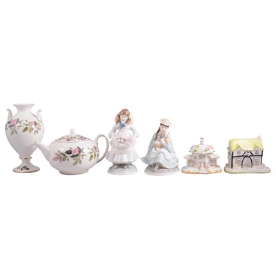 Lot 24 - Two Coalport figures, two cottage models, Wedgwood Hathaway Rose teapot and vase