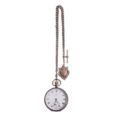 Lot 424 - Omega - an open face pocket watch, and a silver Albert watch chain with shield fob.