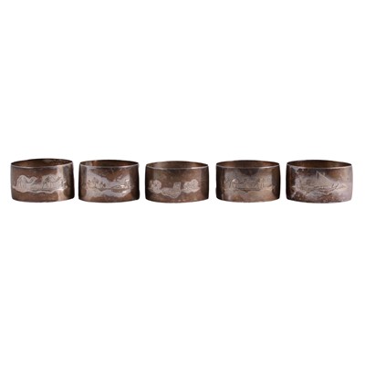Lot 276 - Set of five Continental white metal napkin rings
