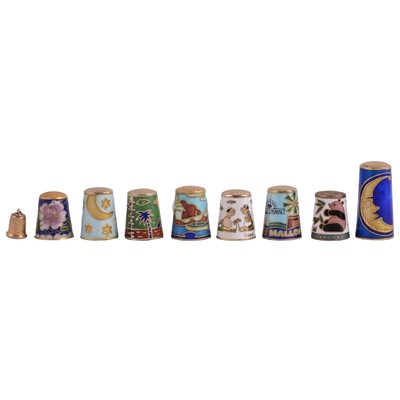 Lot 266 - 9ct gold miniature thimble and a collection of cloisonne thimbles