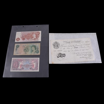 Lot 309 - A 1944 white £5 bank note, Bank of England bank notes, and overseas bank notes.