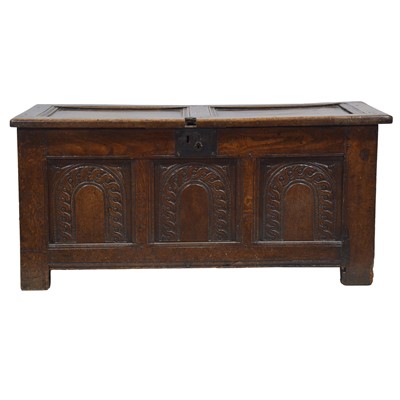 Lot 436 - Joined oak six-plank coffer, early 18th century
