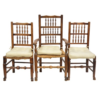 Lot 509 - Set of eight elm and beech spindle back chairs