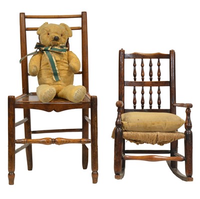 Lot 486 - Beech and elm spindle back child's rocking chair, an elm spindle back chair, vintage teddy and wall clock