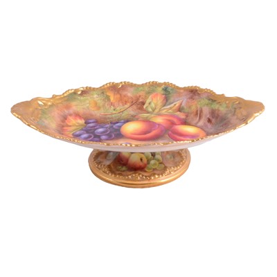 Lot 5 - Royal Worcester, a navette-shaped pedestal bowl painted with fruit, by Horace Price