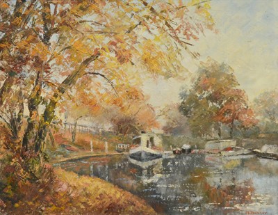 Lot 387 - M. Besser, Canal barges in Autumn