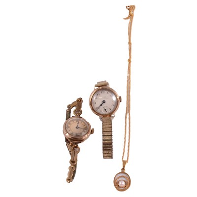 Lot 262 - A pearl pendant on a chain, and two ladies' vintage gold manual wind wristwatches.