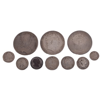 Lot 304 - Ten Charles II, William III, and Georgian silver content coins.