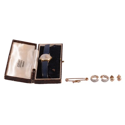 Lot 385 - Miramar - a lady's vintage 18 carat yellow gold manual wind wristwatch, earrings, and bar brooch.