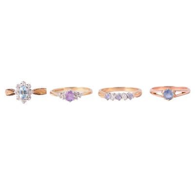 Lot 86 - Four gemset rings, sapphire, amethyst and diamond, and others.