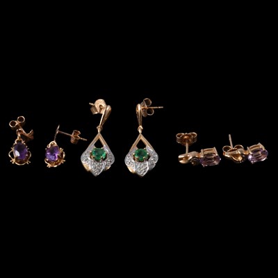 Lot 177 - Three pairs of gemset earrings for pierced ears, emerald and diamond, amethyst.
